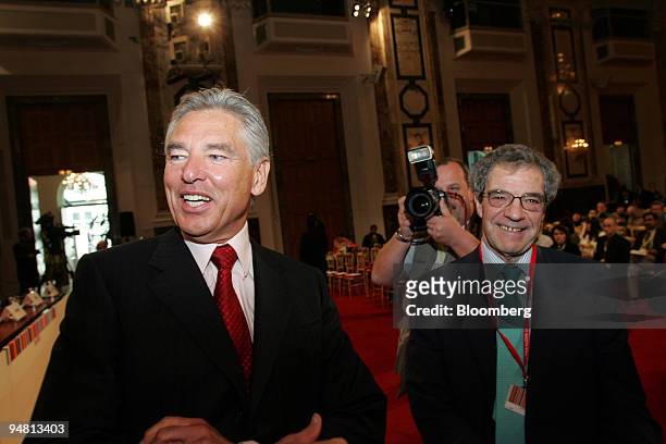 Peter Brabeck-Letmathe, left, Nestle SA chief executive officer is seen with Cesar Alierta, Telefonica SA chairman arriving for a press conference...