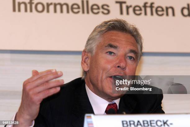 Peter Brabeck-Letmathe, Nestle SA chief executive officer, speaks at a press conference following the informal meeting of European Union finance...