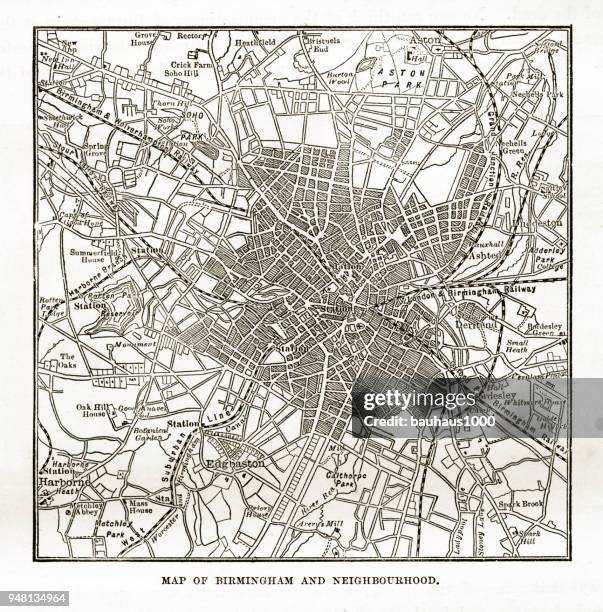 map of birmingham and neighborhoods, england victorian engraving, 1840 - west midlands uk stock illustrations