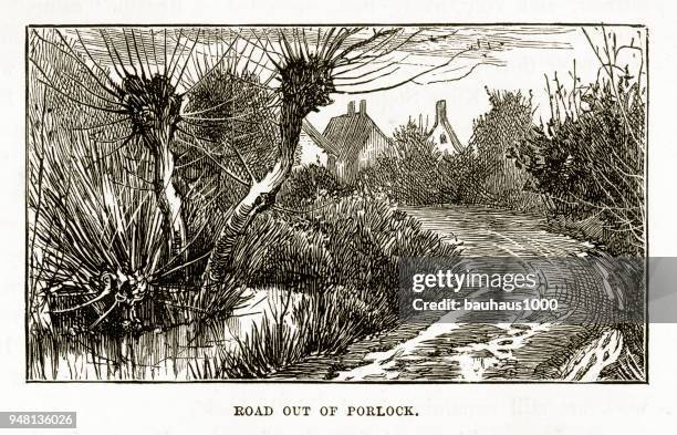 road out of porlock, exmoor, england victorian engraving, 1840 - porlock stock illustrations