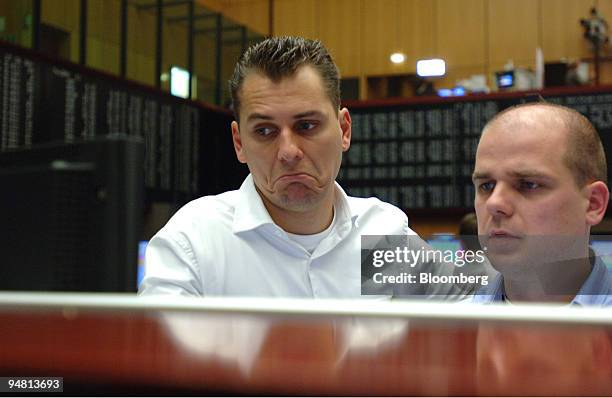 Deutsche Boerse employees work at the stock exchange in Frankfurt, Germany, Monday, May 9, 2005. Werner Seifert resigned as chief executive officer...