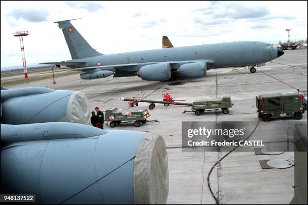 French Mirage fighter jets on a former Soviet base. At Manas airport, the 6 French Mirage 2000D's are supported by two large French C135-FR aerial...