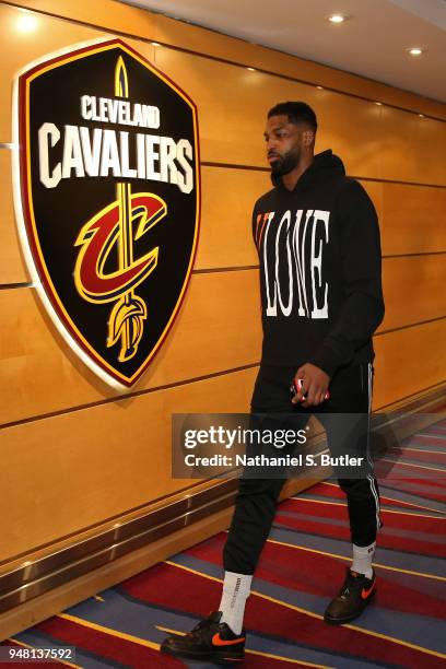 Tristan Thompson of the Cleveland Cavaliers arrives at the arena before Game One of Round One of the 2018 NBA Playoffs against the Indiana Pacers on...