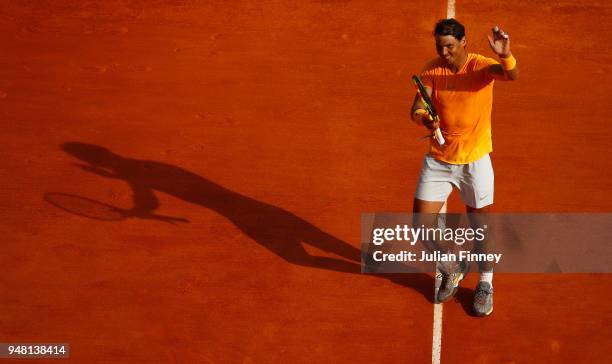 Rafael Nadal of Spain celebrates after victory in his Mens Singles match against Aljaz Bedene of Slovenia at Monte-Carlo Sporting Club on April 18,...