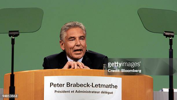 Peter Brabeck, CEO of Nestle SA, presides over the company's annual shareholder's meeting in Lausanne , Switzerland Thursday, April 6, 2006. Brabeck,...