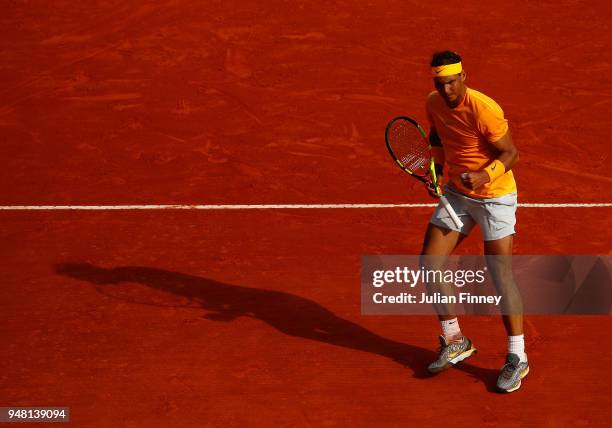 Rafael Nadal of Spain reacts after a point during his Mens Singles match against Aljaz Bedene of Slovenia at Monte-Carlo Sporting Club on April 18,...