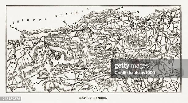 map of exmoor, england victorian engraving, 1840 - estuary stock illustrations