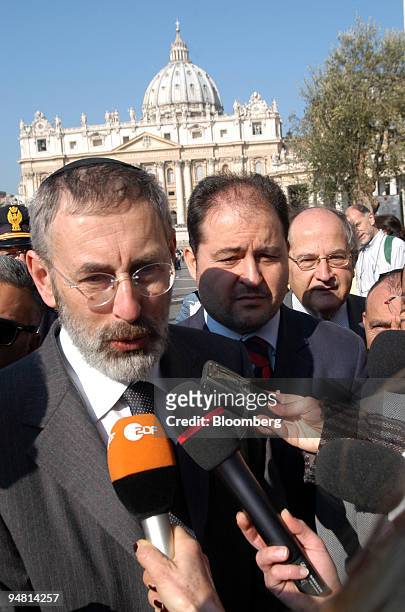 Rome's chief Rabbi, Riccardo Di Segni, speaks to reporters in front of Saint Peter's cathedral while visiting the Piazza San Pietro to express the...