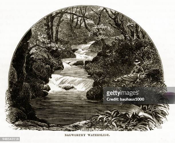 ragworthy waterslide, exmoor, england victorian engraving, 1840 - porlock stock illustrations
