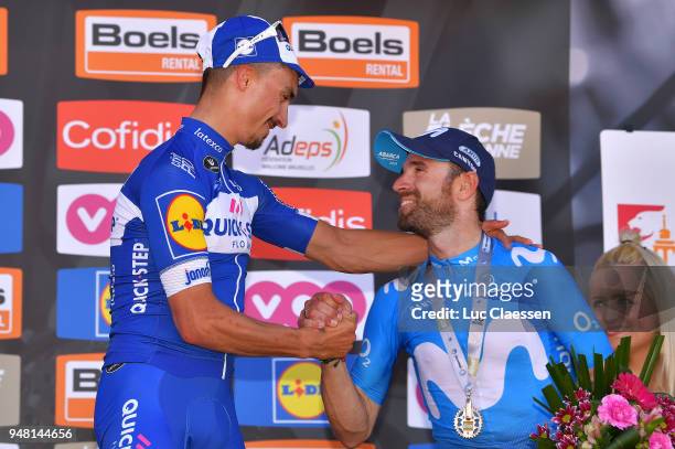 Podium / Julian Alaphilippe of France and Team Quick-Step Floors / Celebration / Alejandro Valverde Belmonte of Spain and Movistar Team / during the...