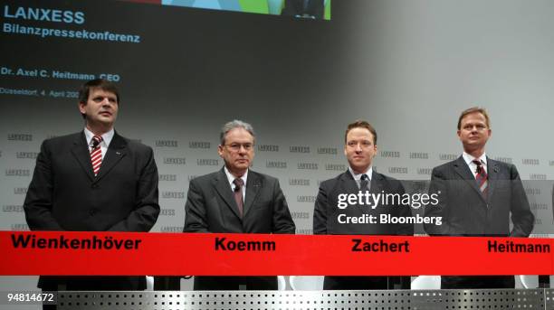 Lanxess board of management members, left to right, Martin Wienkenhoever, Ulrich Koemm, Matthias Zachert and Axel Claus Heitmann arrive at a press...