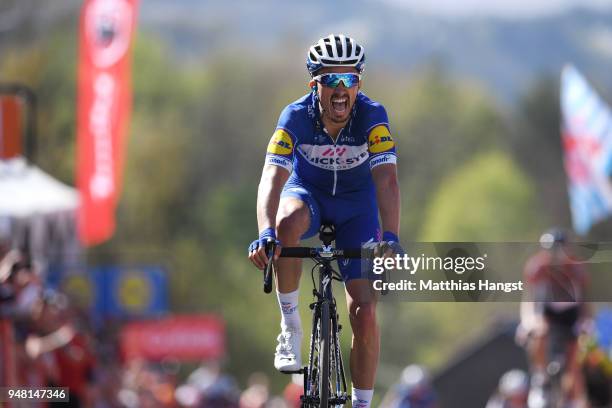 Arrival / Julian Alaphilippe of France and Team Quick-Step Floors / Celebration / during the 82nd La Fleche Wallonne 2018 a 198,5km race from Seraing...