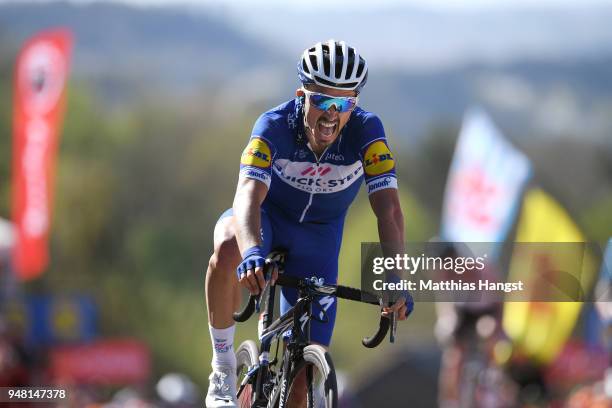 Arrival / Julian Alaphilippe of France and Team Quick-Step Floors / Celebration / during the 82nd La Fleche Wallonne 2018 a 198,5km race from Seraing...