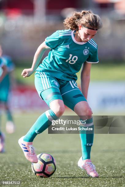 Annika Wohner of Germany in action during the U15 Girls friendly match between Netherlands and Germany at the Sportpark De Koerbelt on April 18, 2018...