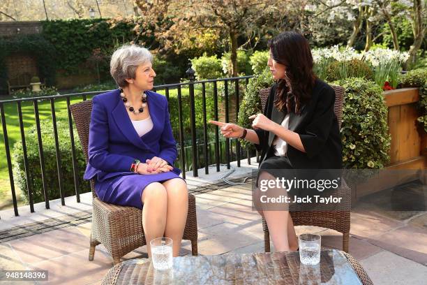 British Prime Minister Theresa May speaks with New Zealand Prime Minister Jacinda Ardern at Downing Street on April 18, 2018 in London, England. Mrs...