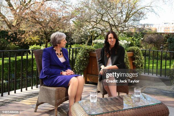 British Prime Minister Theresa May speaks with New Zealand Prime Minister Jacinda Ardern at Downing Street on April 18, 2018 in London, England. Mrs...