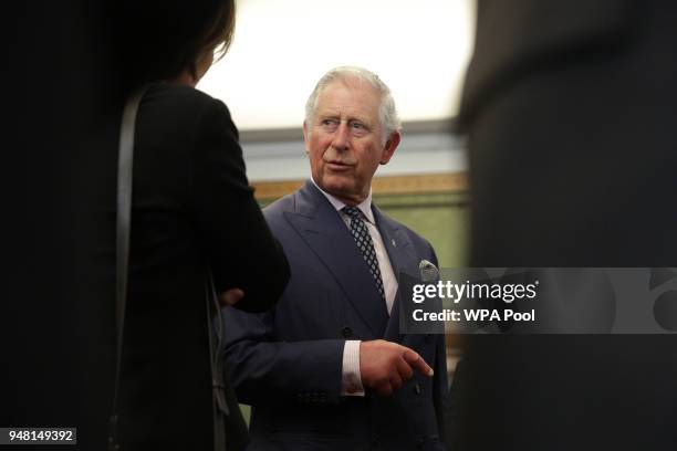 Prince Charles, Prince of Wales talks with guests at a reception at the closing session of the Commonwealth Business Forum at the Guildhall on April...