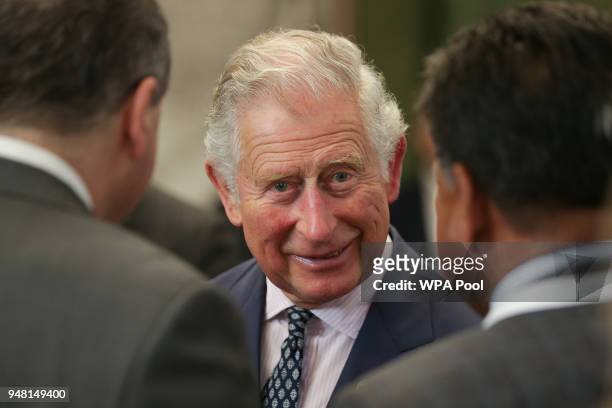 Prince Charles, Prince of Wales talks with guests at a reception at the closing session of the Commonwealth Business Forum at the Guildhall on April...
