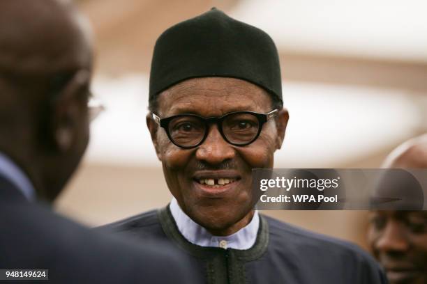 Nigeria's President Muhammadu Buhari at a reception at the closing session of the Commonwealth Business Forum at the Guildhall on April 18 in London,...