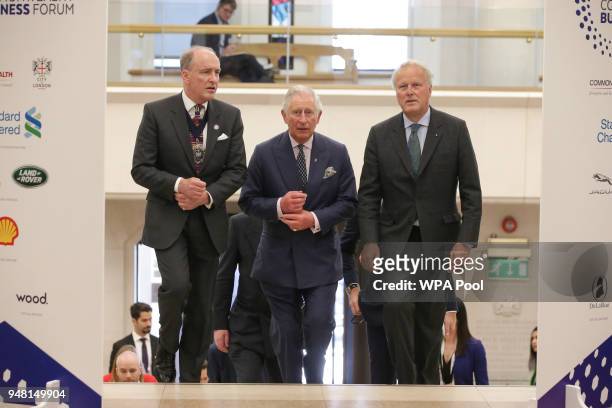 Prince Charles, Prince of Wales flanked by The Lord Mayor of London, Charles Bowman and Chairman of the Commonwealth Enterprise and Investment...