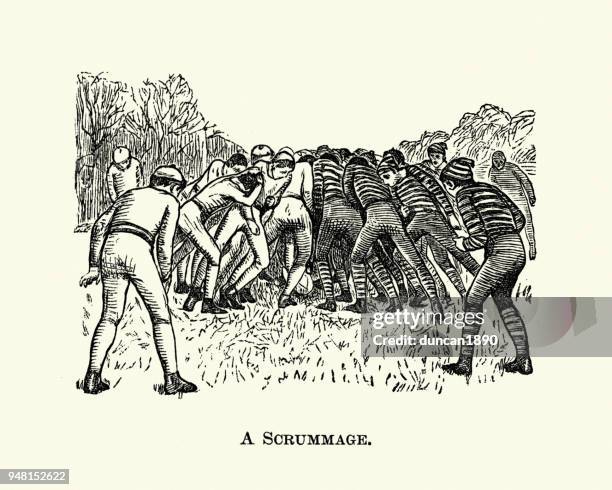 victorian sport, rugby, a scrum (scrummage) - rugby league scrum stock illustrations