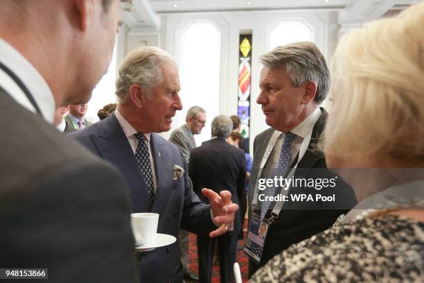 Prince Charles, Prince of Wales speaks with Ben Van Beurden, CEO of Shell at a reception at the closing session of the Commonwealth Business Forum at...