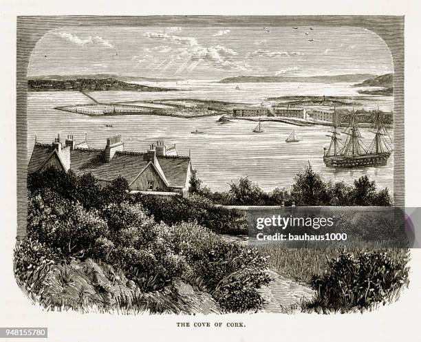 cove of cork, county cork, ireland victorian engraving, 1840 - cork stock illustrations