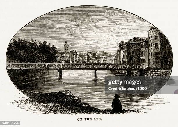 on the river lee, cork, county cork, ireland victorian engraving, 1840 - river lee cork stock illustrations