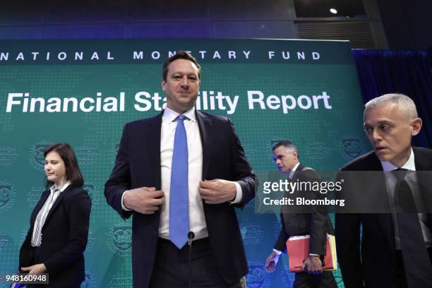 Anna Ilyina, division chief of the monetary and capital markets department at the International Monetary Fund , from left, Tobias Adrian, financial...