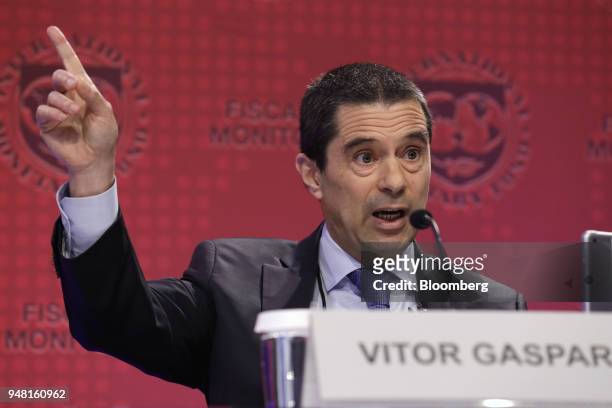 Vitor Gaspar, director of fiscal affairs at the International Monetary Fund , speaks at a Fiscal Monitor news conference during the spring meetings...