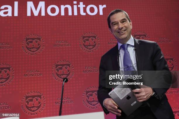 Vitor Gaspar, director of fiscal affairs at the International Monetary Fund , arrives at a Fiscal Monitor news conference during the spring meetings...