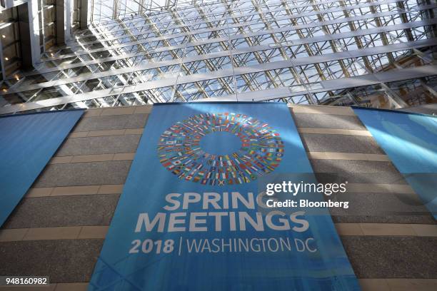 Sign hangs on display during the spring meetings of the International Monetary Fund and World Bank in Washington, D.C., U.S., on Wednesday, April 18,...