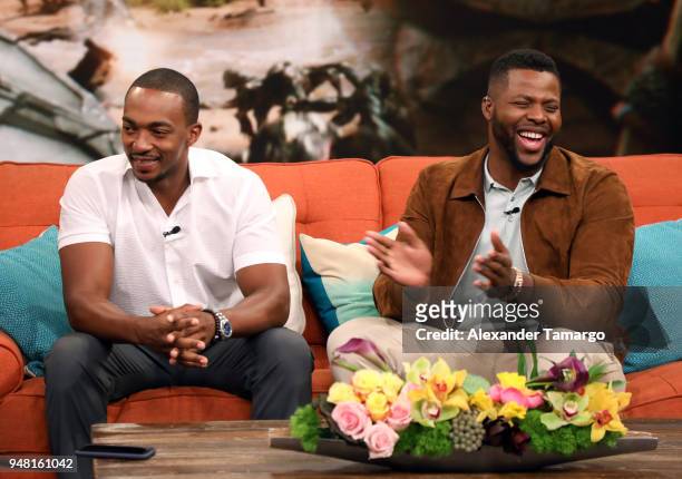 Anthony Mackie and Winston Duke are seen on the set of "Despierta America" at Univision Studios to promote the film "Avengers Infinity War" on April...