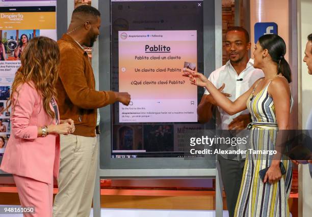 Karla Martinez, Winston Duke, Francisca Lachapel and Anthony Mackie are seen on the set of "Despierta America" at Univision Studios to promote the...