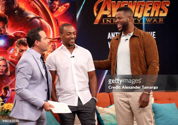 Carlos Calderon, Anthony Mackie and Winston Duke are seen on the set of "Despierta America" at Univision Studios to promote the film "Avengers...
