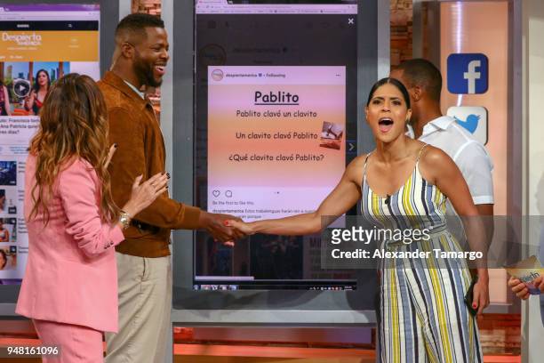 Karla Martinez, Winston Duke, Francisca Lachapel and Anthony Mackie are seen on the set of "Despierta America" at Univision Studios to promote the...