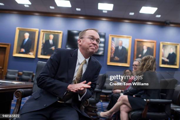 Office of Management and Budget Director Mick Mulvaney prepares to testify before a House Appropriations Financial Services and General Government...