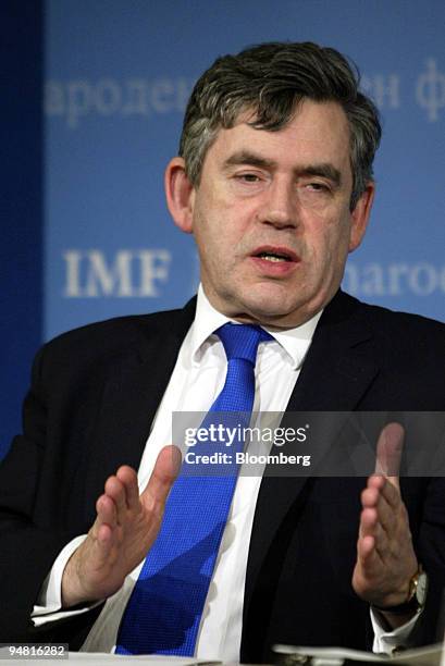 International Monetary and Financial Committee Chairman Gordon Brown speaks during a press briefing during the International Monetary Fund/ World...