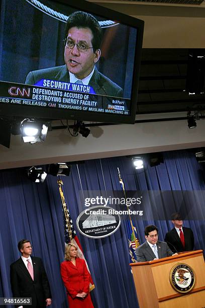 Attorney General Alberto Gonzales speaks at a news conference regarding eleven defendants who were indicted on domestic terrorism charges in...