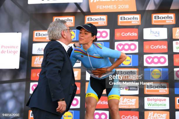 Podium / Sofia Beggin of Italy and Astana Women Team UCI Young Jersey / Celebration / during the 21st La Fleche Wallonne 2018 a 118,5km women's race...