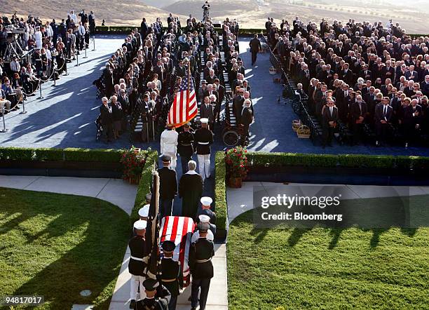 The casket containing former U.S. President Ronald Reagan is taken to the burial ceremony at the Ronald Reagan Presidential Library and Museum in...