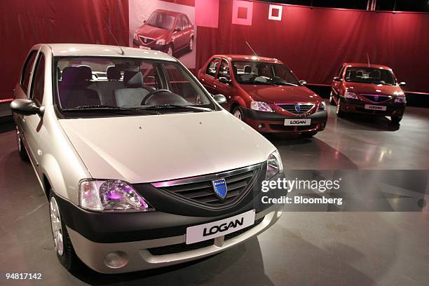 Three Renault-Dacia X90s are displayed during the car's launching ceremony in Guyancourt, near Paris, France, Wednesday, June 2, 2004. France's...