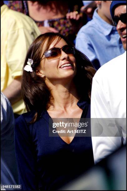 Wimbledon, uk july 6, 2001 pat rafter's girlfriend, lara feldham smiling after pat's five set wimb semi final win.