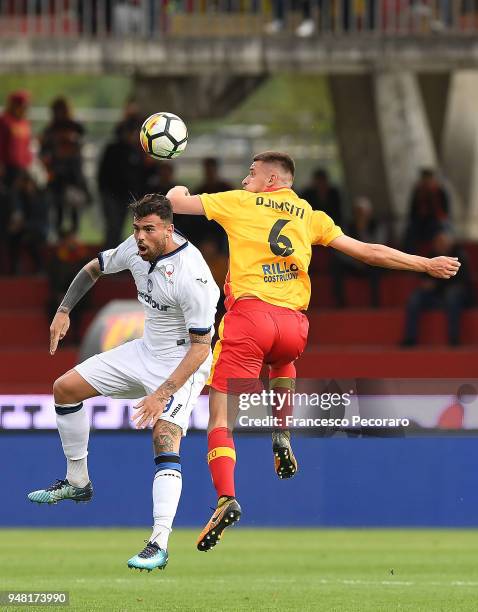 Berat Djimsiti of Benevento Calcio vies with Andrea Petagna of Atalanta BC during the serie A match between Benevento Calcio and Atalanta BC at...