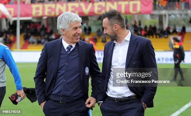 Coach of Benevento Calcio Roberto De Zerbi greets coach of Atalanta BC Gian Piero Gasperini before the serie A match between Benevento Calcio and...