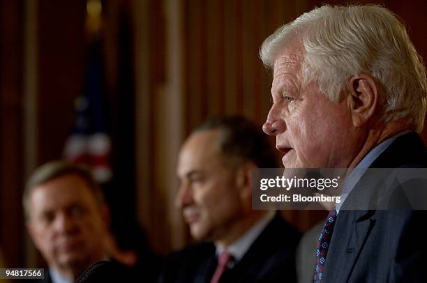 Senator Edward Kennedy, , right, speaks during a Senate Democrat Leadership press conference while from left, Senators Richard Durbin, Senate...