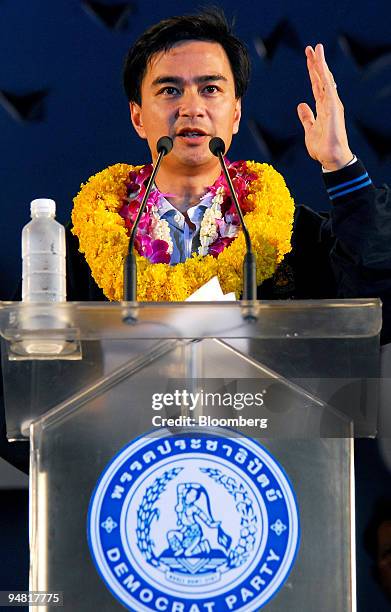 The leader of Thailand's Democrats party, Abhisit Vejjajiva, speaks during a mass rally in Bangkok on Friday March 24, 2006. Thailand's three main...