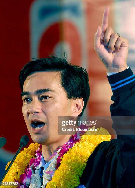 The leader of Thailand's Democrats party, Abhisit Vejjajiva, speaks during a mass rally in Bangkok on Friday March 24, 2006. Thailand's three main...