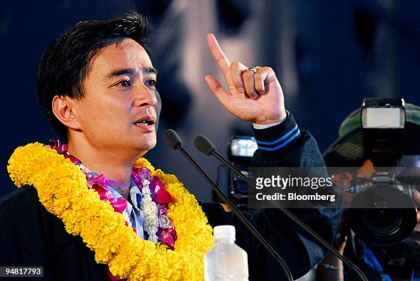 The leader of Thailand's Democrats party, Abhisit Vejjajiva, speaks at a mass rally in Bangkok on Friday March 24, 2006. Thailand's three main...