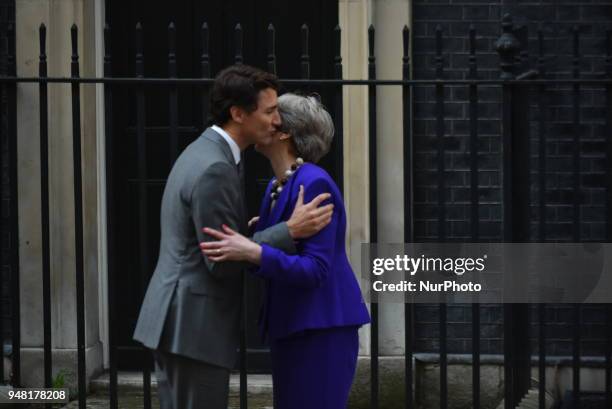 British Prime Minister Theresa May greets Canadian Prime Minister Justin Trudeau at Downing Street, as sidelines of Commonwealth Head Of Government...